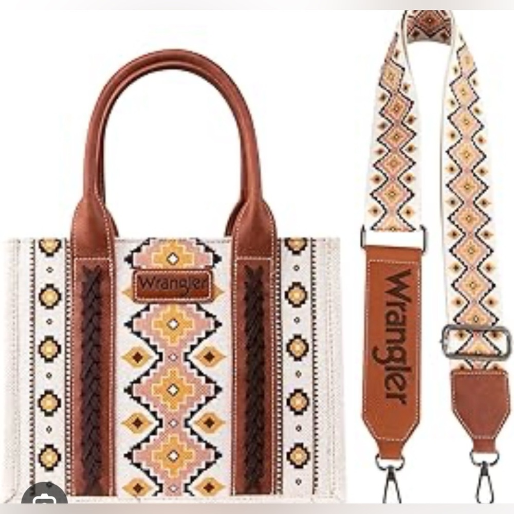 Wrangler Aztec Tote Bag featuring a canvas body, vegan leather handles,  NWT
